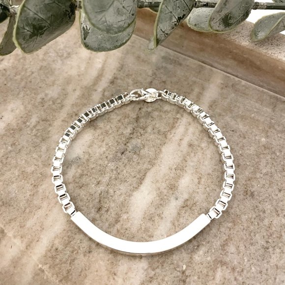 925 Sterling Silver Curve Bar Tube Bracelet Chunky Box Chain Bracelet - Picture 2 of 3